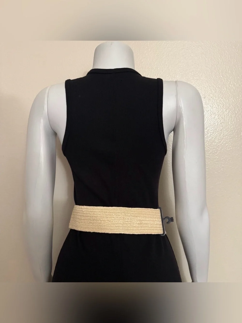 Beige paper stretchy waistband belt with gold tone buckle